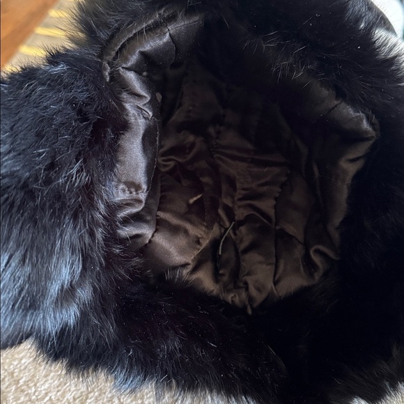 Black rabbit fur trim quilted shiny black satin lined bomber hat. New, no tags. main image 7